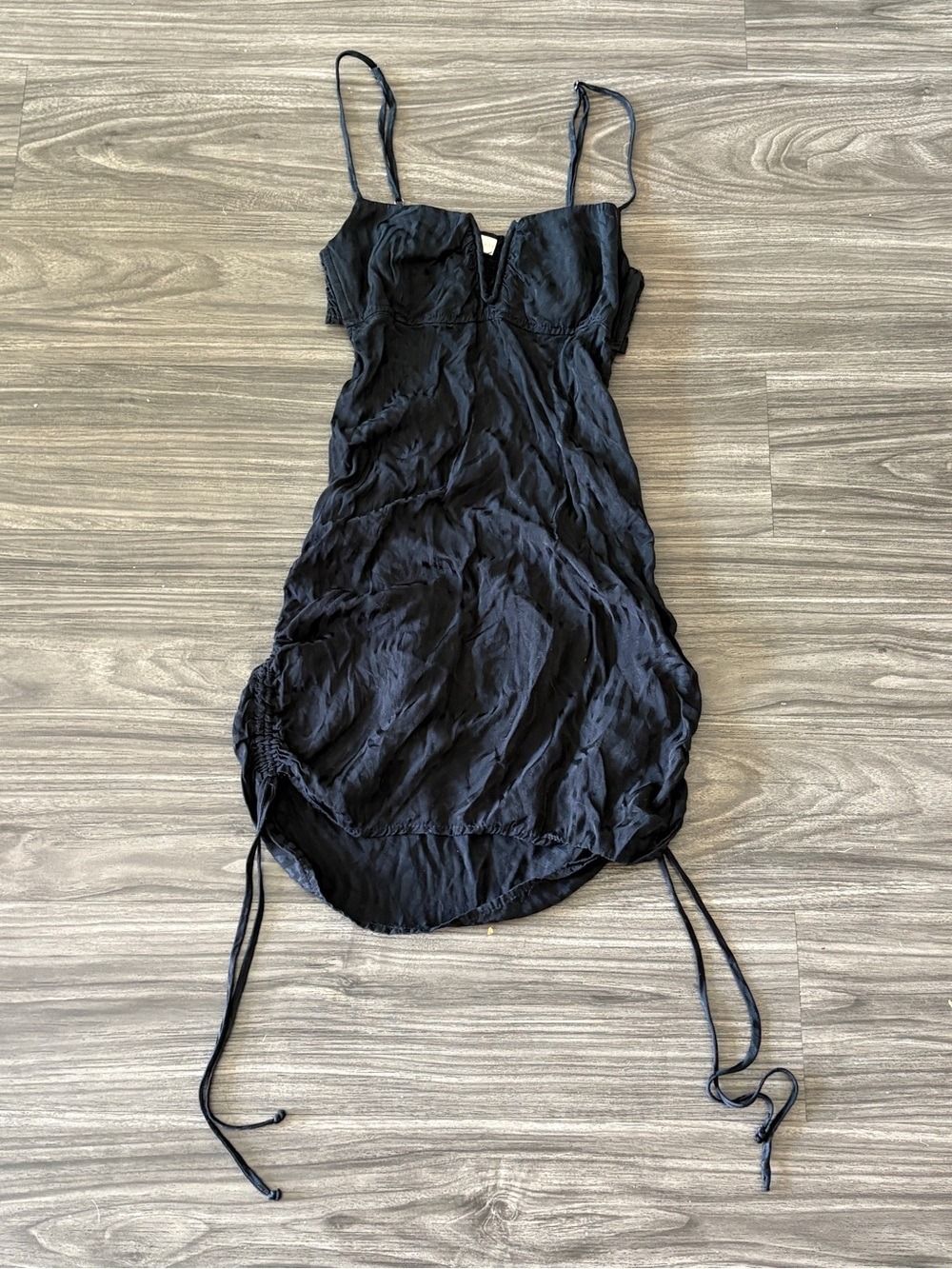 Sun Becomes Her Black Mini Dress with Ruched Drawstring Details
